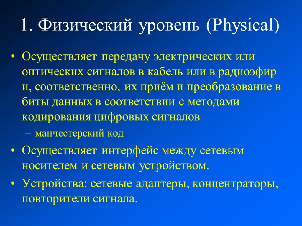 1. Физический уровень (Physical) Осуществляет передачу электрических или оптических сигналов в кабель или в